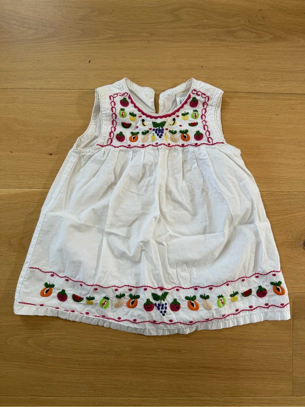 White Embroidered Fruit-Trim Sleeveless Kids Dress